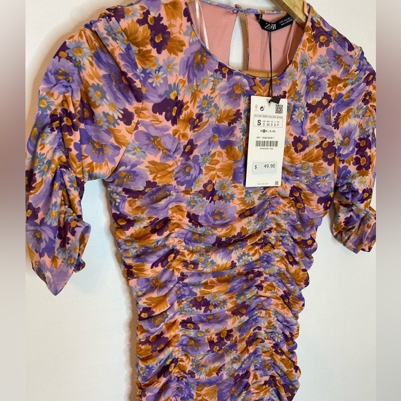 NWT Zara Size S Floral Ruched Mesh Short Sleeve Dress - Picture 5 of 8
